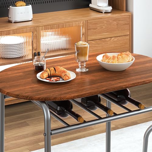 Image of VECELO 3 Piece Small Round Dining Table Set for Kitchen Breakfast Nook, Wood Grain Tabletop with Wine Storage Rack, Save Space, Brown & Silver