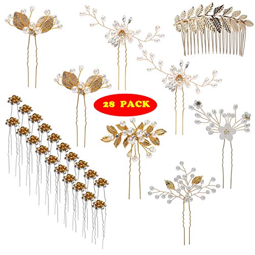inSowni 28 Pack Wedding Bridal Hair Side Combs+U Shaped Hair Pins Clips Pieces Accessories Rhinestone Pearl Flower Gold for Women Girls Brides