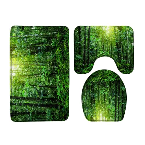 3pcs/Set Rain Forest Scenery Bath Rugs Tropical Plants Primary Forest Natural Landscapes Green Leaves View Low Pile Memory Foam Bathroom Decor Rug U Shape Mat Toilet Lid Cover 17.7 x 29.5 Inch
