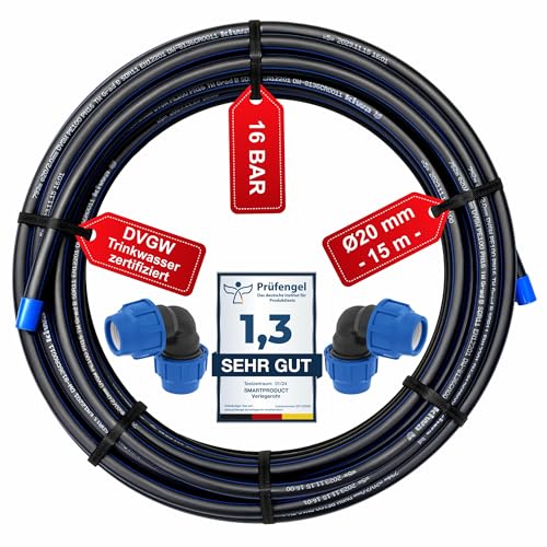 SmartProduct PE Rohr 20 mm x 15 Meter PN16 PE-HD Verlegerohr, DVGW Trinkwasser, Wasserleitung Versorgungsleitung Wasserrohr Bewässerung Kunststoffrohr schwarz inkl. 2 Kupplungen 20mm mit 90° Winkel