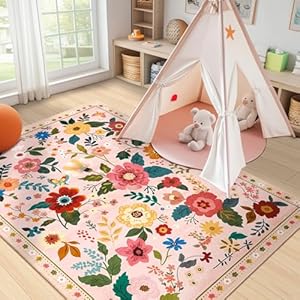 Floral 5×7 Area Rug Machine Washable Boho Carpet Non Slip Doormat Low Pile Flower Area Rugs for Living Room Bedroom Kitchen Dining Room Hallway Entryway Indoor-Pink/Beige