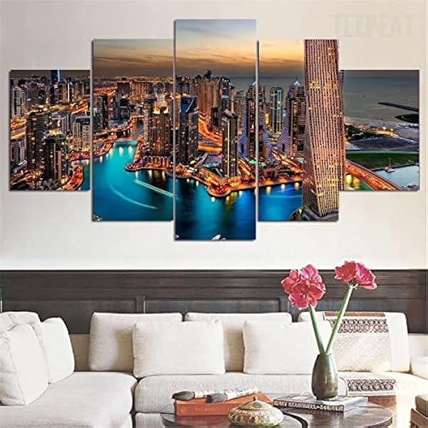 DAMEDA Dubai City Burj Khalifa Skyline View 5 stuks muur kunst foto canvas schilderij 5 panel canvas print graffiti 5 stuk auto muur kunst Voor Home Decor Stuk Uitgerekt Door Houten Frame
