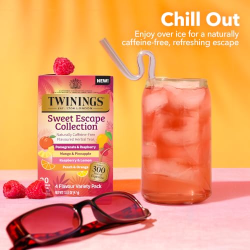 Image of Twinings Sweet Escape Fruity Herbal Tea Variety, 20 Count, Pack of 1 | Assorted 4 Flavours, Naturally Caffeine-Free, Enjoy Hot or Iced, 20 Teabags