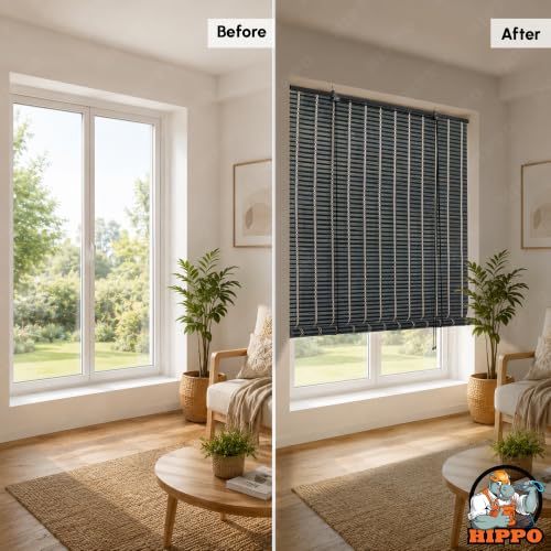 Image of HIPPO Bamboo Curtains - W-3FTXH-7FT Rope Mechanism Roll Up Down Indoor Bamboo Shade for Sun & Dust Protection for Home Window, Balcony, Restaurant, Hotel, Resort (Charcoal-Grey)