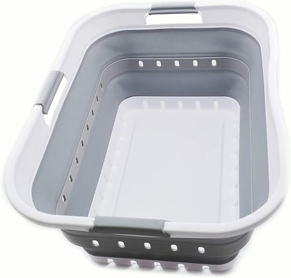 Collapsible Plastic Laundry Basket (White/Grey)