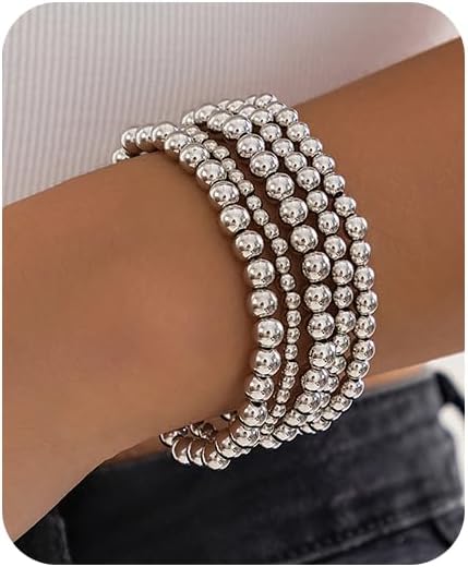 5Pcs Gold Beaded Bracelets 14K Gold Bracelets for Women Bracelet Stack Trendy Stretch Bead Bracelets Silver Bead Bracelet Dainty Jewelry for Women