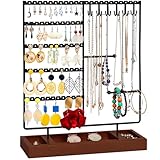 X-cosrack Jewelry Holder Organizer Stand, Jewelry Display with Earring Necklace Bracelet Holder, Earring Organizer and Storage with 132 Holes, Necklace Holder with 12 Hooks, Rustic Black+Brown