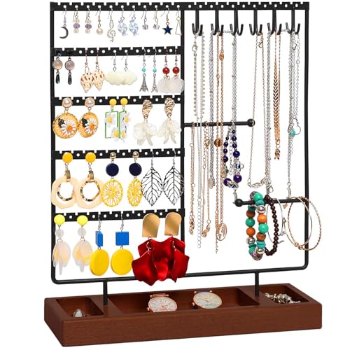 X-cosrack Earring Holder,5-Tier Ear Stud Holder with Wooden Tray,Jewelry Organizer Holder for Earrings Necklaces Bracelets Watches and Rings,Earring Display Stand with 132 Holes,Black