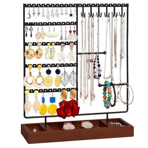 X-cosrack Earring Holder,5-Tier Ear Stud Holder with Wooden Tray,Jewelry Organizer Holder for Earrings Necklaces Bracelets Watches and Rings,Earring Display Stand with 132 Holes,Black