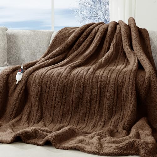 Heated Blanket Full Size Brown - 72X84 Soft Double Sided Sherpa Electric Blanket with 10 hrs Timer & 6 Heating Levels LED Display & Machine Washable