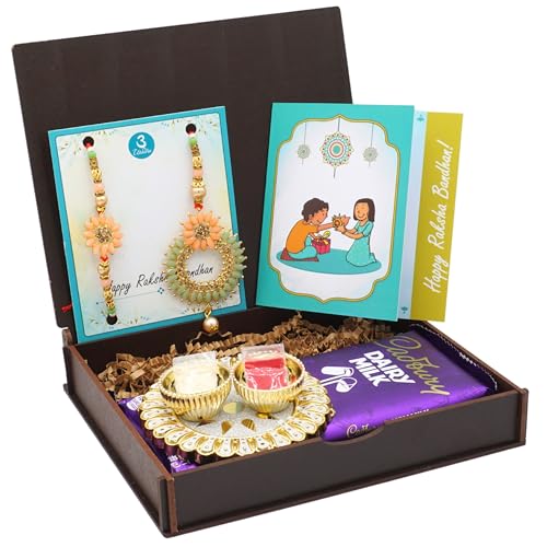 Elegant Bhaiya Bhabhi Rakhi Gift Set with Personalized Card, Roli Chawal, Thali Set, and Chocolates | Fancy Lumba Rakhi Gift Hamper (Green And Pink Fancy Lumba Rakhi)