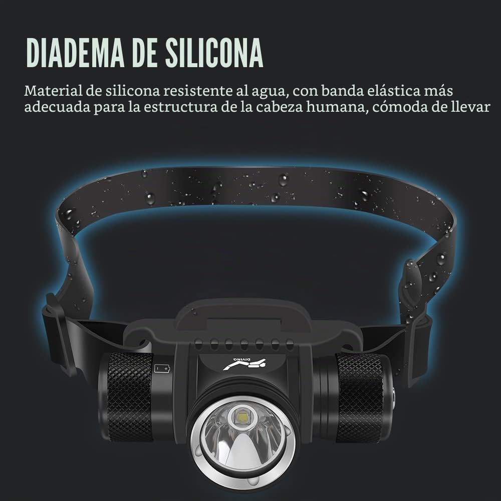 WINDFIRE 5000 lúmenes luz subacuática, luz frontal subacuática, 5 modos linterna frontal subacuática, IPX8 impermeable sumergible 60 metros de seguridad cabeza de buceo con carga