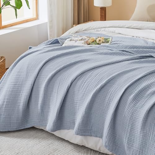 EMME Cotton Muslin Large Throw Blanket Couch Breathable Gauze Soft Lightweight Bed Blankets Adults (Heather Dusty Blue, 50"x70")
