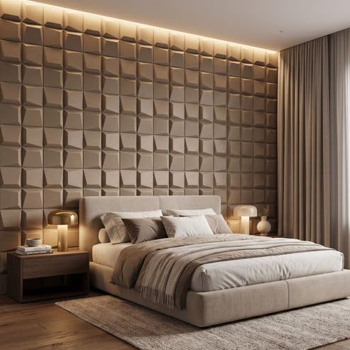 Image of Kayra Decor 3D PVC Wall Panels for Bedroom & Living Room | Cube Design | Mega Greige Color | 19.7 x 19.7 Inch | Pack of 12 | 32.28 Sq Ft