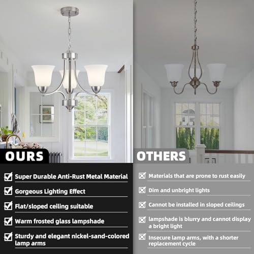 Image of 3-Lights Farmhouse Chandelier Brushed Nickel Modern Dining Room Light Fixture Silver Adjustable Ceiling Hanging Pendent Lighting with Frosted Glass for Kitchen Island, Living Room,Foyer