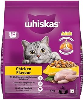 Whiskas Adult (1+ Years) Dry Cat Food, Chicken Flavour, 3 kg, Contains 41 Essential Nutrients, Complete & Balanced Nutrition for Adult Cats