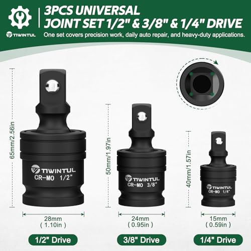 Image of Impact Universal Joint Set for Impact Wrench, 3-Piece 1 /2 inch 3 /8 inch 1 /4 inch Impact Swivel Socket Adapter, Cr-Mo Steel Impact Rated U Joint for Tight Engine Bay & Automotive Repair