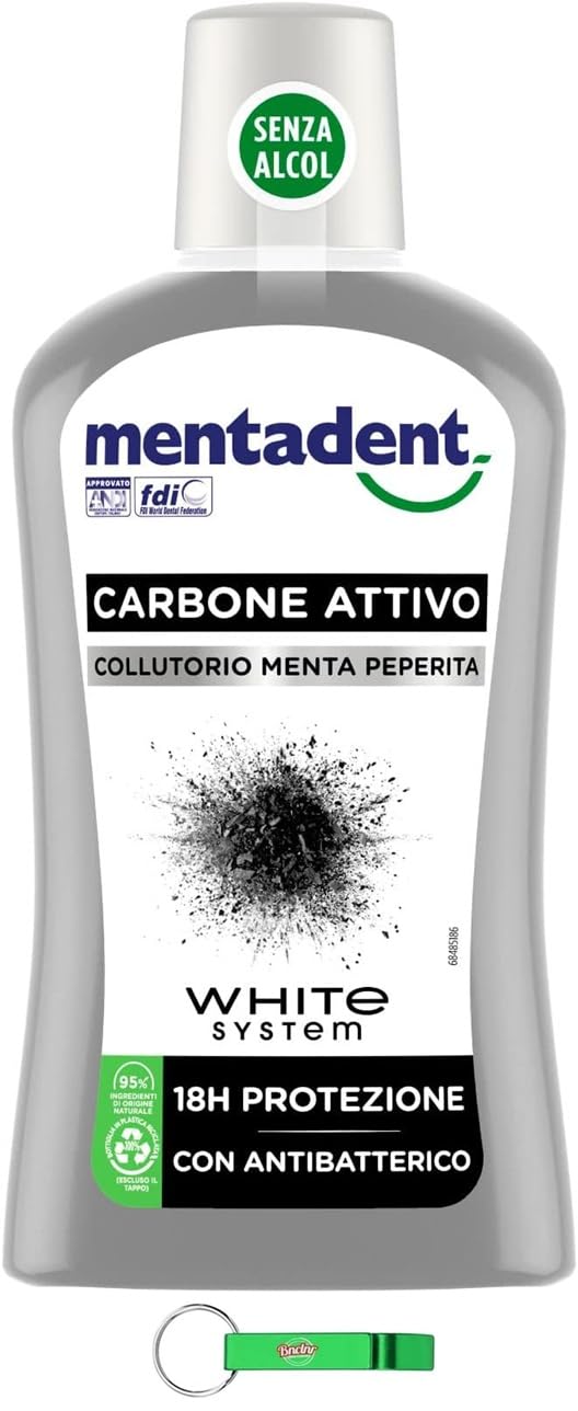 12 X MENTADENT Collutorio Carbone Attivo – Collutorio quotidiano per l'igiene orale, effetto fresco intenso, protezione di denti e gengive, 500 ml + portachiavi Beni Culinari
