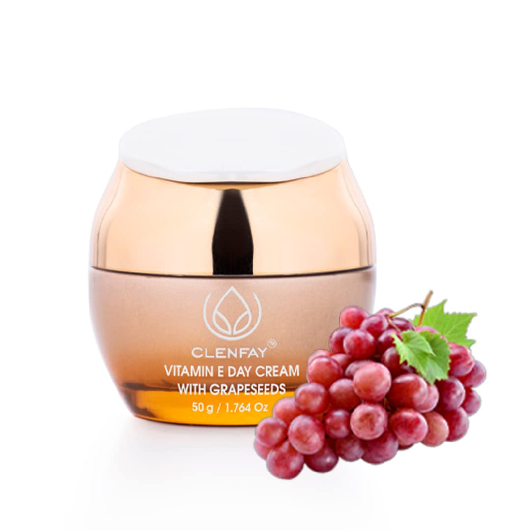 CLENFAY Vitamin-E Day Cream With Grapeseeds For Glowing Skin All Day Long, Natural Age Control, Fights Premature Ageing and UVA Damage All Skin Types Day Cream for Men & Women (50g)