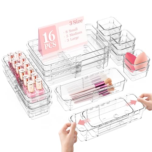 LINYAPRY 16 Stücke Klar Verstellbar Schubladen Organizer, Schubladenorganizer in 3 Größen Schminktisch Organizer, Kunststoff Sortierboxen Schubladen für Kosmetik, Besteck, Schreibwaren Eitelkeit Büro
