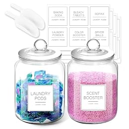 FyndraX Laundry Pods Glass Jars - Half Gallon Airtight Containers with Scoop and Labels for Organization and Storage Laundry Room Detergents Powder, Scent Booster Beads Holder, Set of 2