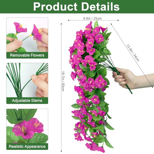 Image of Bassion 2 Pack Artificial Hanging Petunias Flowers for Outdoors, Fuschia | UV resistant, silk fake flowers, hanging morning glory trailing vines, porch garden spring summer planter decoration