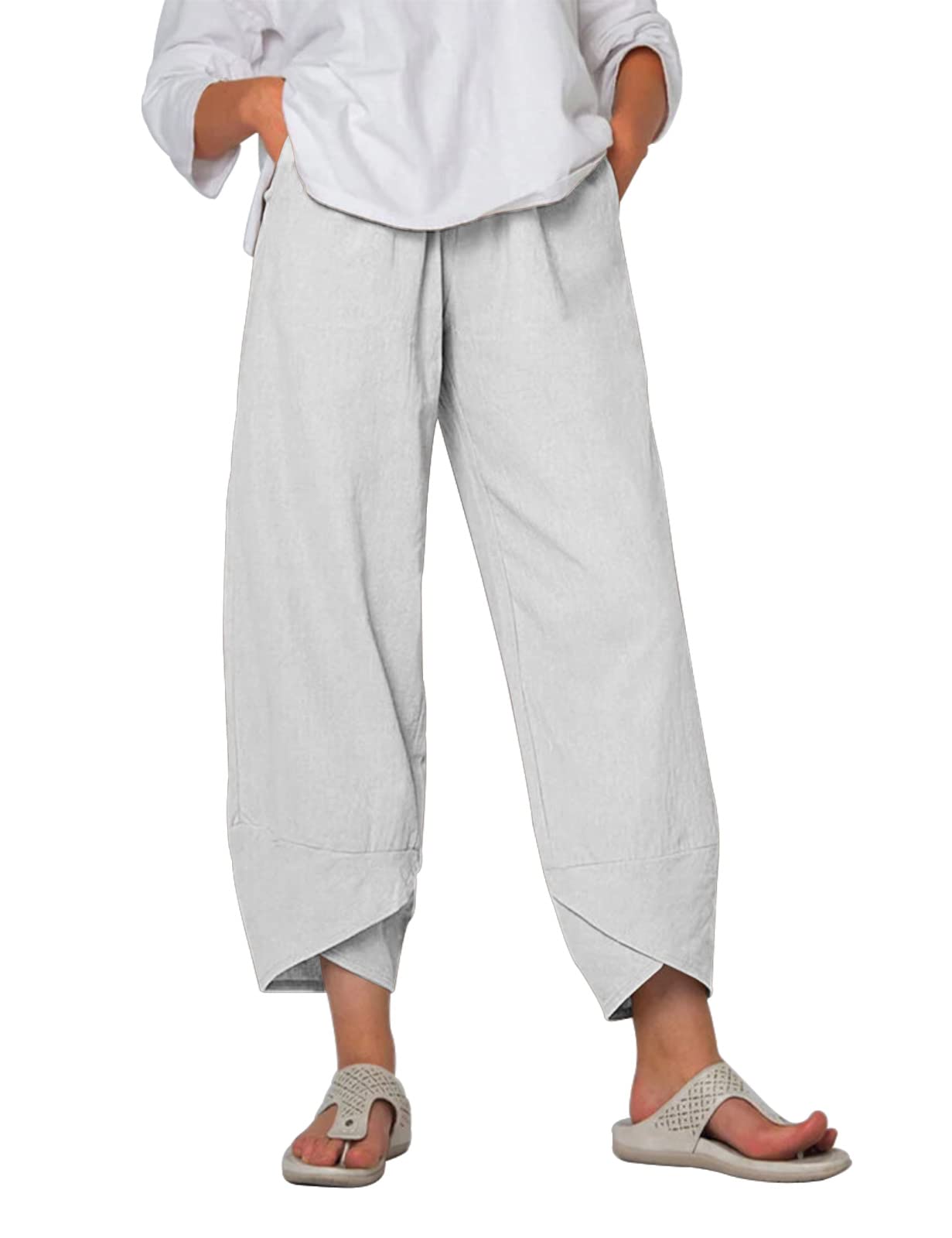 Yuson Girl Pantaloni Donna Pantaloni Estivi Donna Leggeri Pantaloni Larghi Lino Vita Alta Pantalone con Tasche Pantaloni di Svago Panno di Lino da con Fascia Elastica