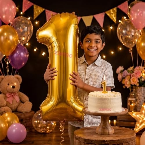 Image of Balloonistics Gold 40-Inch Foil Number 1 Balloon with Matching Number Candle - Combo Set for 1st Birthday, Anniversary, Party Decoration, Photo Booth Backdrop, Cake Table Decor