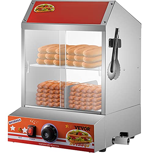 VEVOR Hot Dog Steamer, 2-Tier Hut Steamer for 175 Hot Dogs & 40 Buns, Stainless Steel Hot Dog Steamer with Bun Warmer, Electric Bun Warmer Cooker with Tempered Glass Slide Doors, Partition Plate, Tong