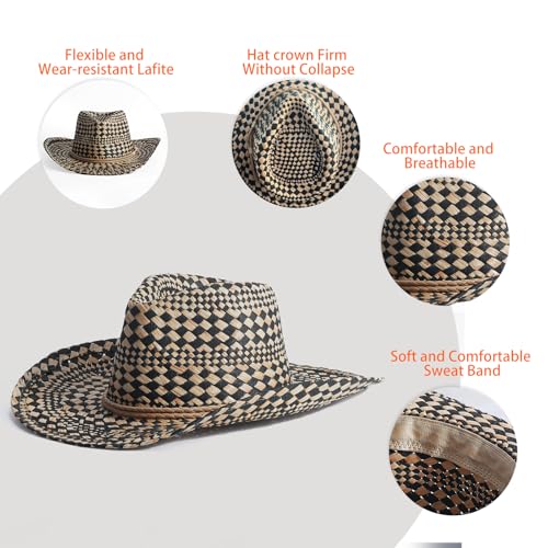 Image of Men's Cowboy Hats Summer Women Beach Cowgirl Hat Raffia Unisex Western Sun Hat