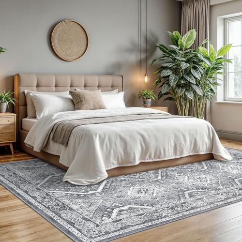 KUTA Grey Vintage Area Rugs for Living Room 8x10, Washable Large Rug for Bedroom 8ft x 10ft, Non-Slip Ultra Soft Printed Distressed Boho Farmhouse Modern Cozy Carpet for Dining Room