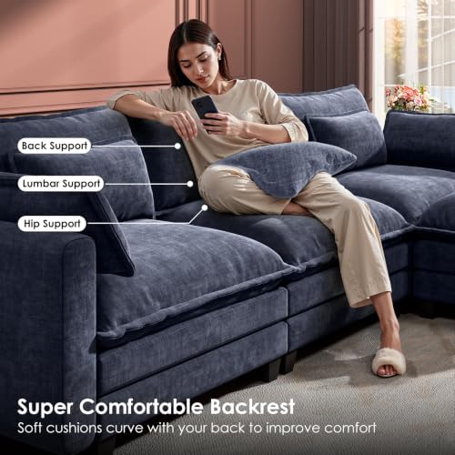 Image of Marsail 110.6 inch Modular Sectional Sofa, Cloud Deep Seat Couch, Navy Blue | U-Shaped Comfy Cloud Couch, 5-Seat Chenille Modern Sofa with Throw Pillow & Movable Ottoman for Living Room and Apartment