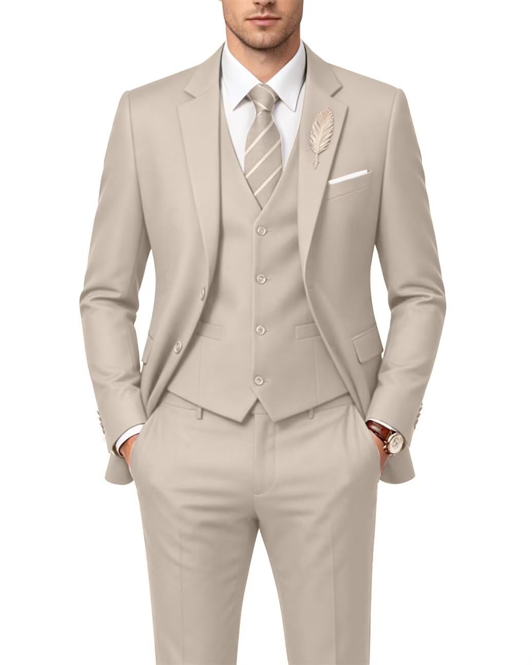 Photo 1 of Men's Suits 3 Piece Slim Fit Tuxedo Wedding Groomsman Suit for Prom Party Casual Business Blazer Vest Pants Set Light Champagne 5XL