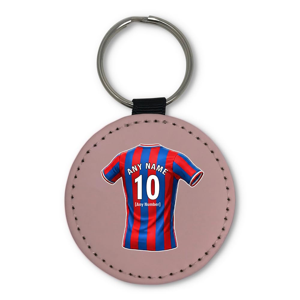 UNIGIFT Personalised Gift - South London Football Fan Pink Round Keyring (Red and Blue Stripes Jersey Design) Custom Name Keychain - Croydon SE25 Club