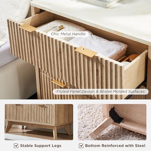 T4TREAM 32" Tall Fluted Nightstand Set of 2, Modern Side Table with Faux Marble Top, 3 Drawers End Table w/Storage, Bedside Table for Bedroom, Living Room, Curved Profile Design, Natural Oak