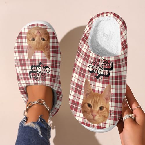 DIYGIFTS Custom Cat Pet Photo for Slippers Personalized Cotton Slippers Unique Gift for Lover Plaid Red3