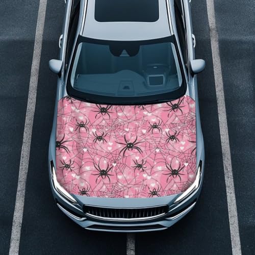 Image of Car Hood Cover Pink Spider Web Print Car Hood Protector Waterproof Universal Automotive Exterior Accessories Halloween Decorations for Compact Vehicles Sedans Trucks SUVs Pickup (59x39 Inch)