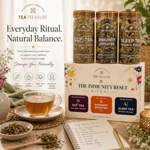 Image of TeaTreasure Immunity Reset Ritual Kit - CCF, Booster & Sleep Herbal Tea Combo | Ayurvedic Detox Set for Digestion, Gut Health, Bloating Relief, Better Rest | Caffeine-Free Natural Wellness Gift