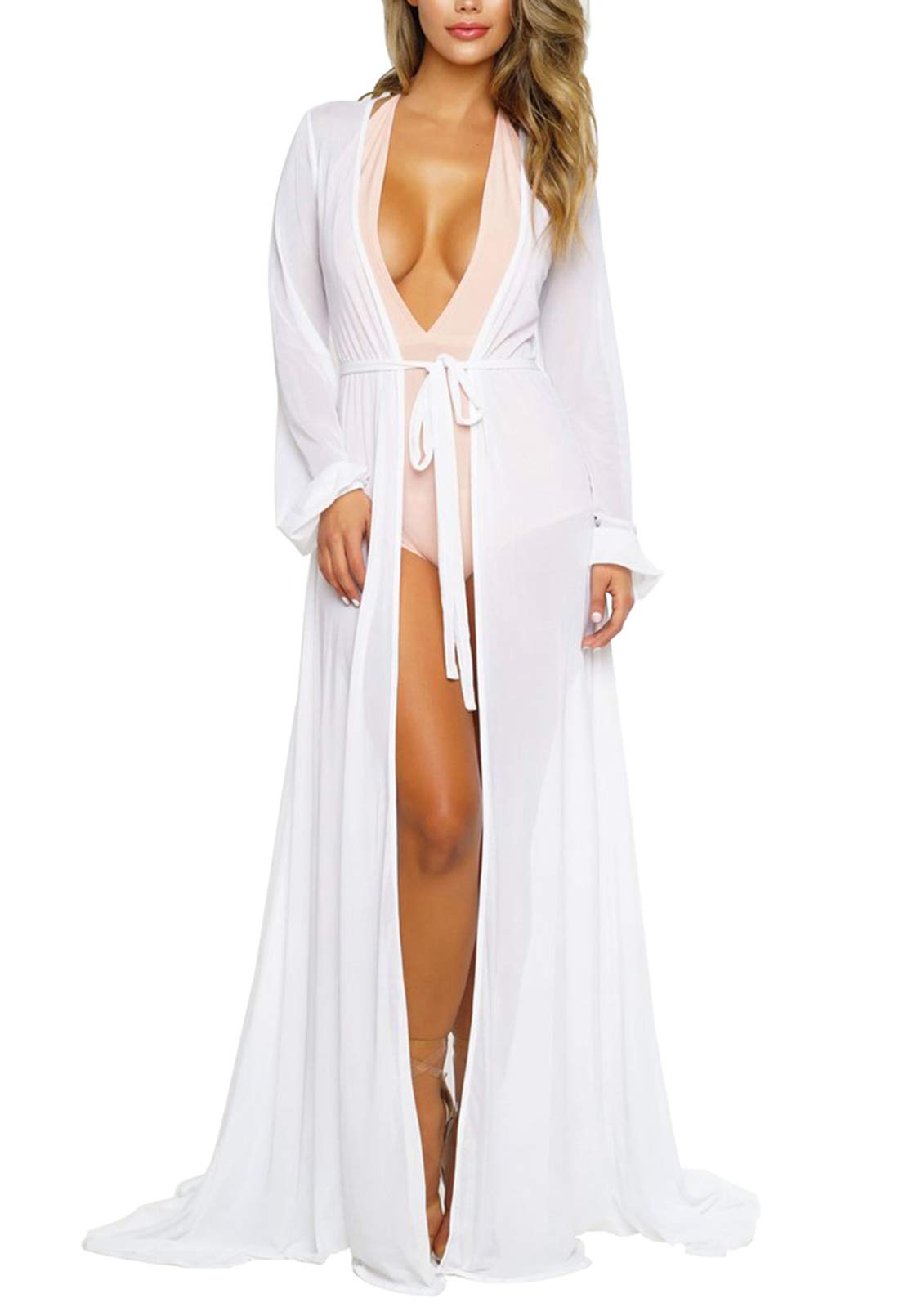 Viottiset Women's Sexy Thin Mesh Long Sleeve Tie Front Swimsuit Swim Beach Maxi Cover Up Dress Medium White