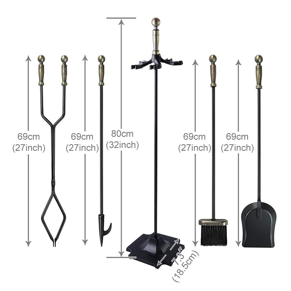 5-Piece Black Fireplace Tool Set – Cast Iron Poker, Brush, Tongs, Shovel & Stand