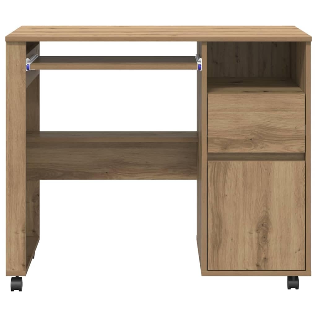 Tavolo per computer con ruote, rovere Artisan, 91 x 50 x 77 cm, materiale in legno, scrivania flessibile per casa, ufficio, giochi, cameretta dei bambini, con spazio di archiviazione