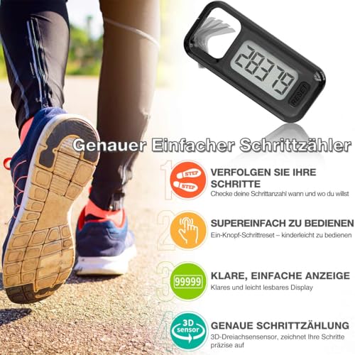 3D-Simple-Walking-Pedometer, tragbarer Karabiner-Schrittzähler, Schrittzähler mit Halsleine für Senioren, Männer, Frauen (Schwarz)