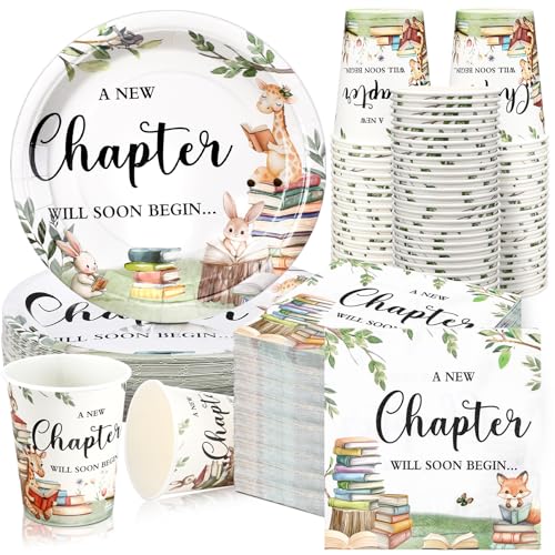 Hushee 200 Pcs Storybook Baby Shower Decorations Supplies A New Chapter Will Soon Begin Book Baby Shower Paper Plates Napkins Cups Library Reading Book Club Tableware Set for 50 Guest