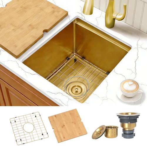 Image of Gold Bar Sink 17 inch X 17 inch,16 Gauge Stainless Steel Undermount Bar & Prep Sinks,Small Bar Sink /RV Sink /Camping Van Sink (Gold, 17 X 17 inch)