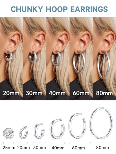 Image of Stainless Steel Chunky Hoop Earrings For Women, Minimalist and Chic, Black /Gold Plated, Round Hoops Earrings Hypoallergenic, Size: 30mm /40mm /60mm /80mm, Come with Box
