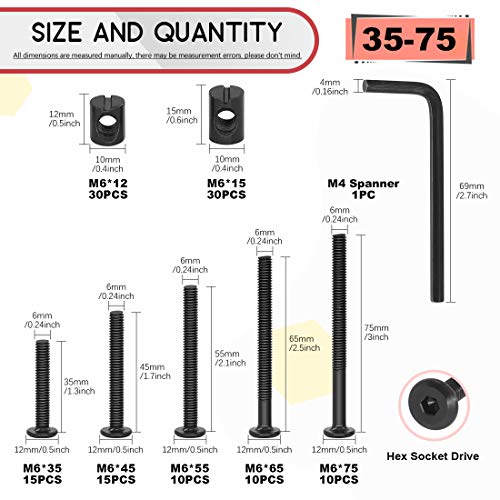 Hilitchi M6 120Pcs Black Hex Socket Head Screws Bolts Barrel Nuts Hardware Assortment Kit for Crib Baby Bed Furniture Cots and Chairs (35mm/45mm/55mm/65mm/75mm-Assortment Kit)