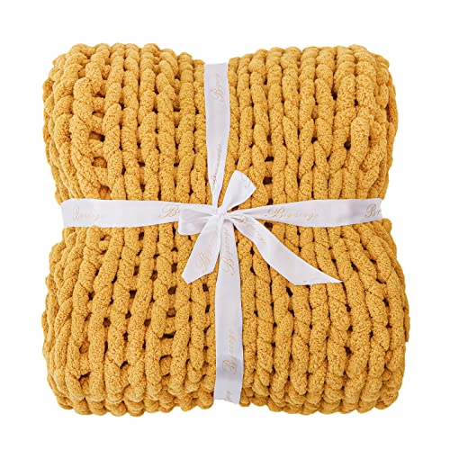 Bigacogo Chunky Knit Throw Blanket for Couch, 40x40 inches, 100% Hand Knitted with Thick Jumbo Chenille Yarn, Cozy Soft Large Rope Knot Cable Crochet Blankets for Sofa Bed Living Room, Mustard Yellow