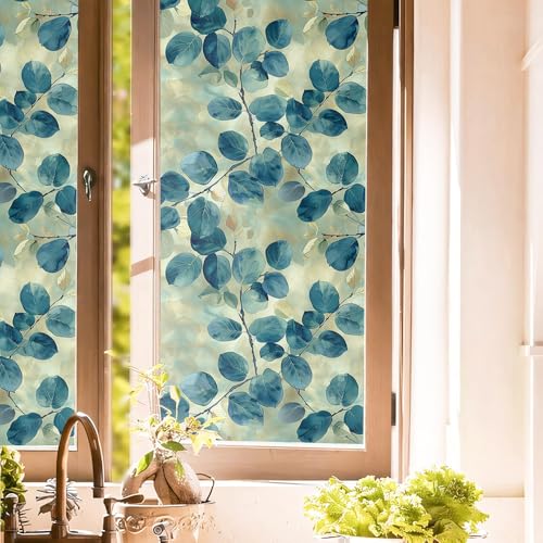 Vintage Light Green Eucalyptus Leaf Plants Window Films Decorative Double-Side Privacy Film Self-Adhesive Static Glass Window Clings Stickers for Living Room Bathroom Glass Windows Decor