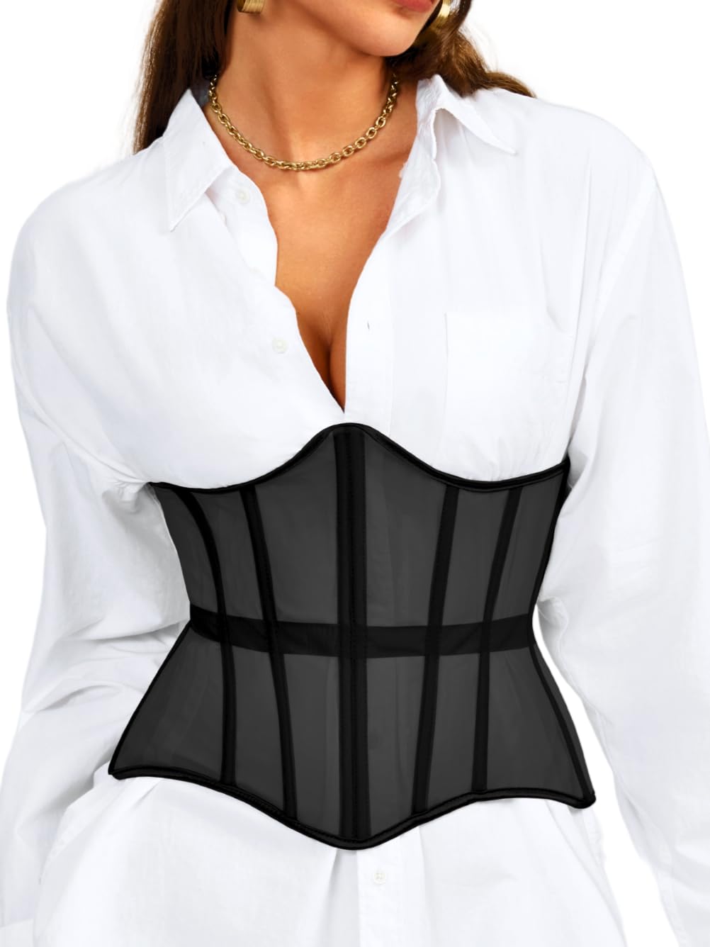 ChiaoLezhee Underbust Corset Belt for Women, Mesh Lace-Up Boned Waist Cincher, Shapewear for Weddings & Going Out