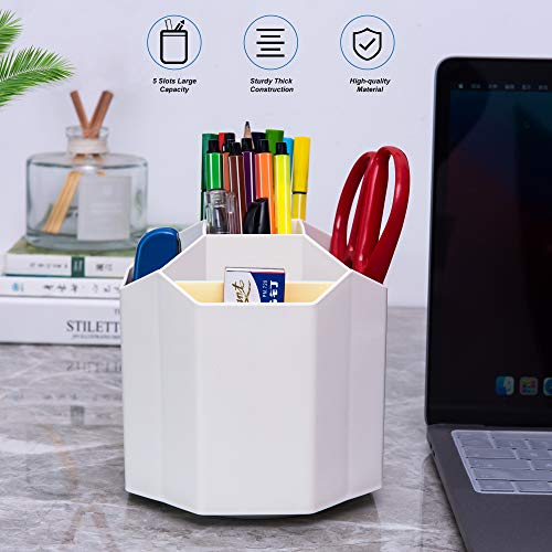 Siveit Desk Pencil Pen Holder, Rotating Pen Organizers 360-Degree 5 Grid Pen Holder for Desktop Storage Stationery Supplies Organizer, Home, Office, School, Kids, White - Image 3